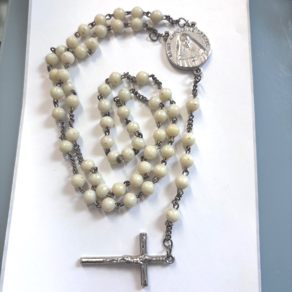 Vintage Saint Katharine Drexel Rosary Devotional Fatima Crucifix Cream Beads 17"